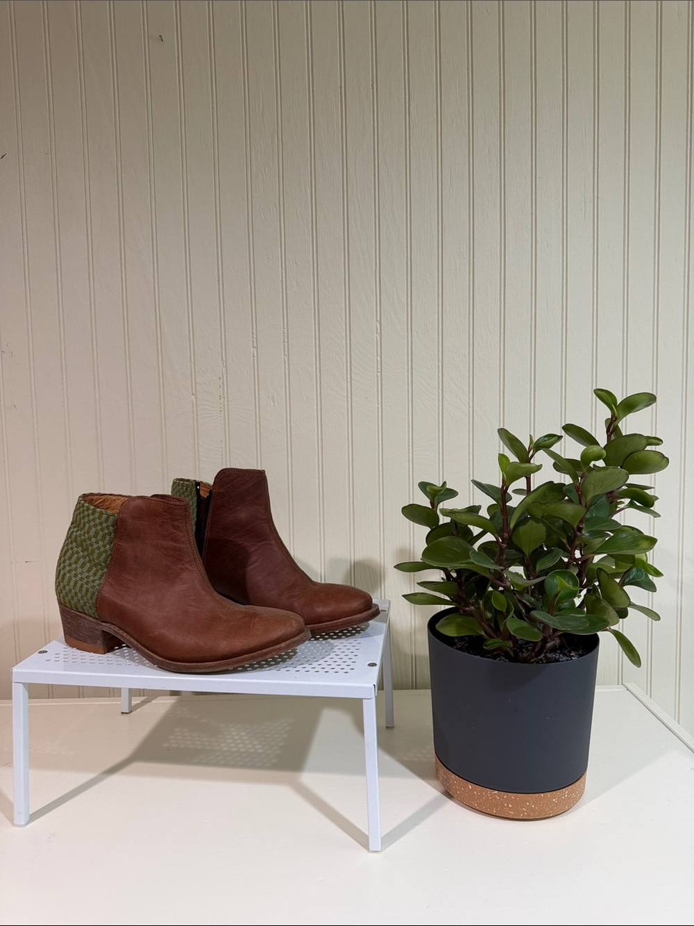 Brown Leather Ankle Booties with Green Heel Detail